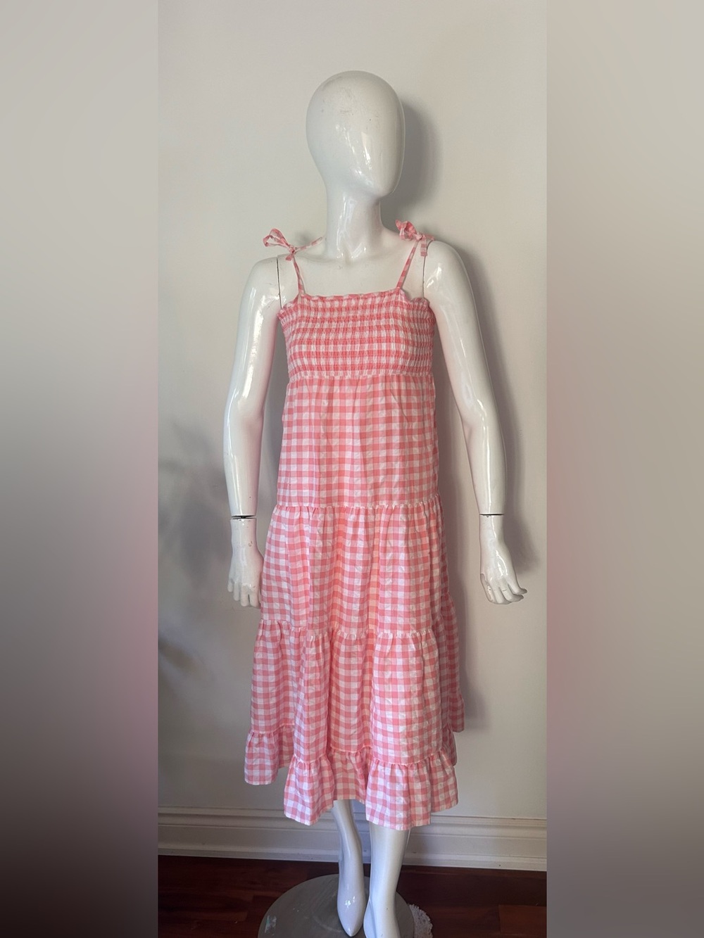 Pink Gingham Tie-Shoulder Midi Dress - Picture 2 of 8